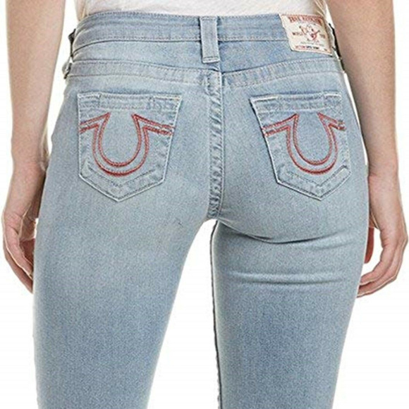 True Religion Women's Super Skinny Red Horseshoe Stitched Jeans in Chill Indigo